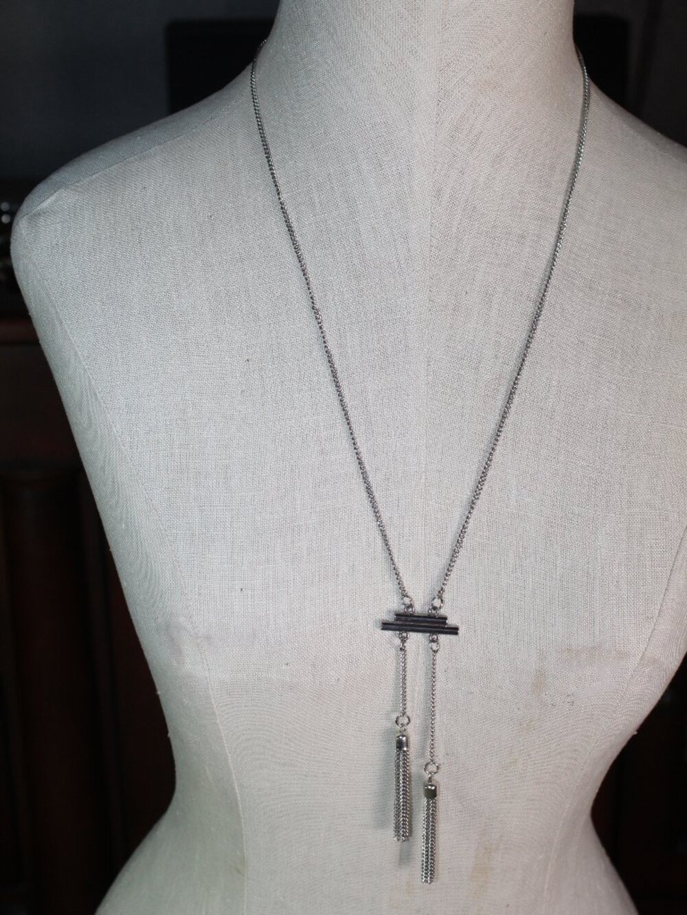 Silver-Toned Bar with Tassels 26" Necklace